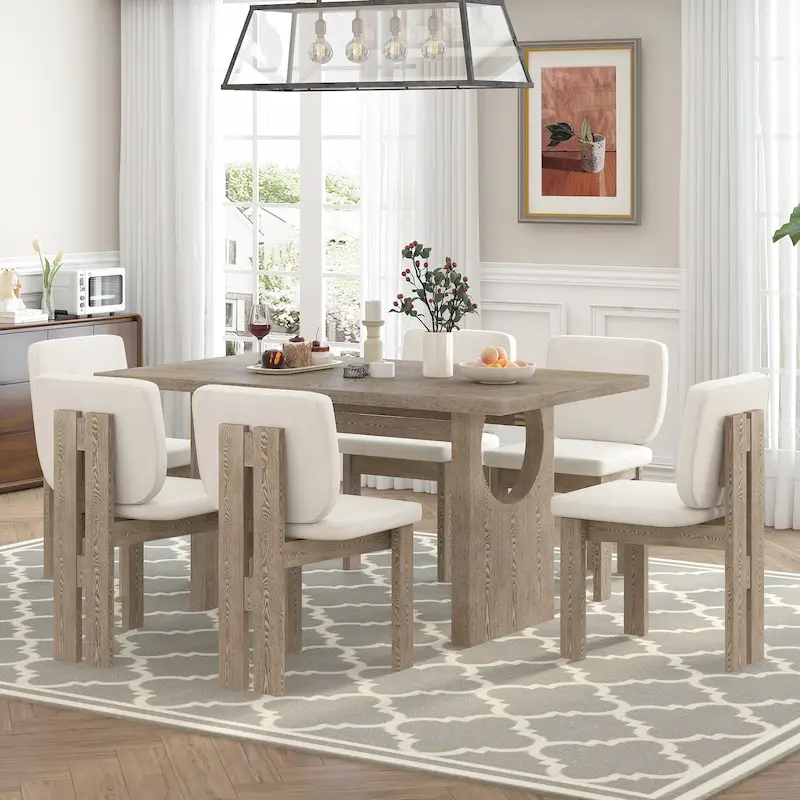 7-Piece Transitional Wooden Dining Set with Rectangular Table & 6 Chairs