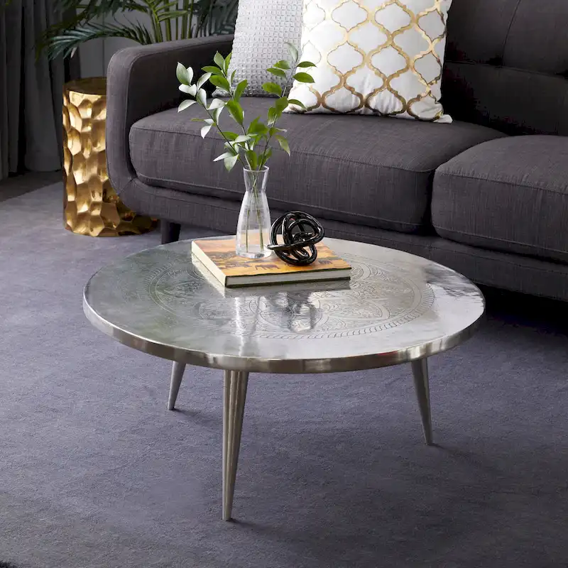 Aluminum coffee table with floral carvings, tripod legs - silver - 35cm wide x 35cm long x 16cm high