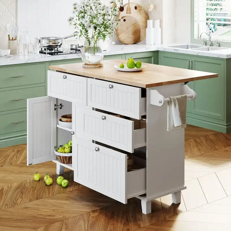 Natural Wood Kitchen Island with Drop Leaf - 2 Stools
