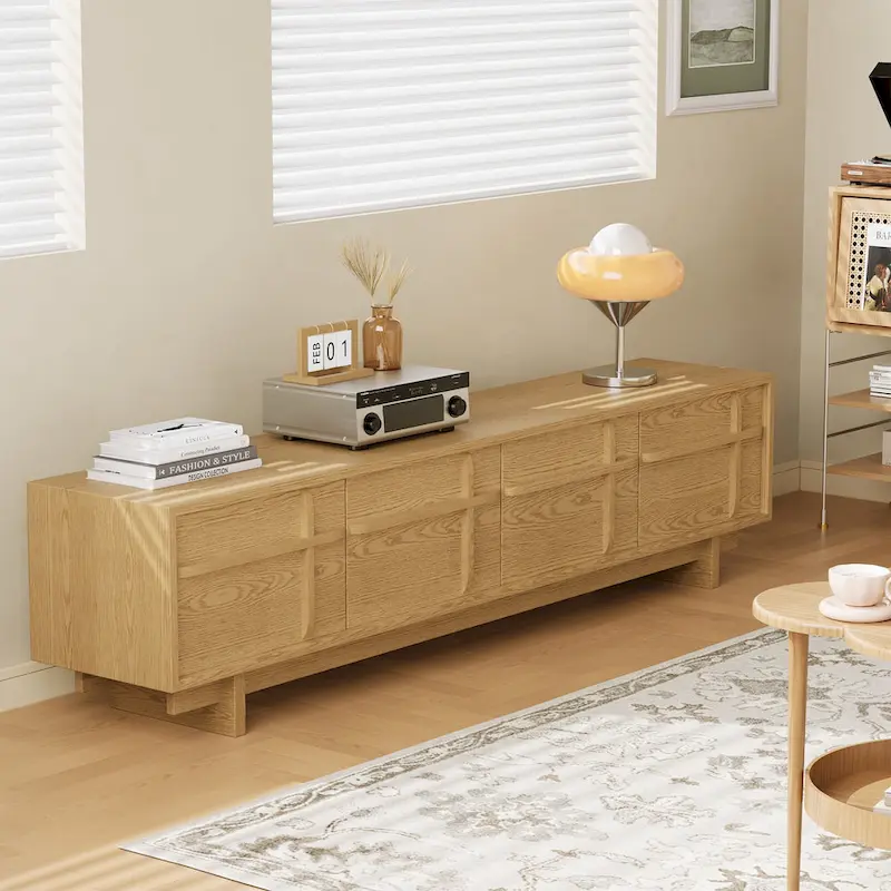 78.74  Modern TV Stands,Natural Wood Texture,Media Console With 4 Cabinets, Solid Wood Veneer,Fully Assembled - 78.87