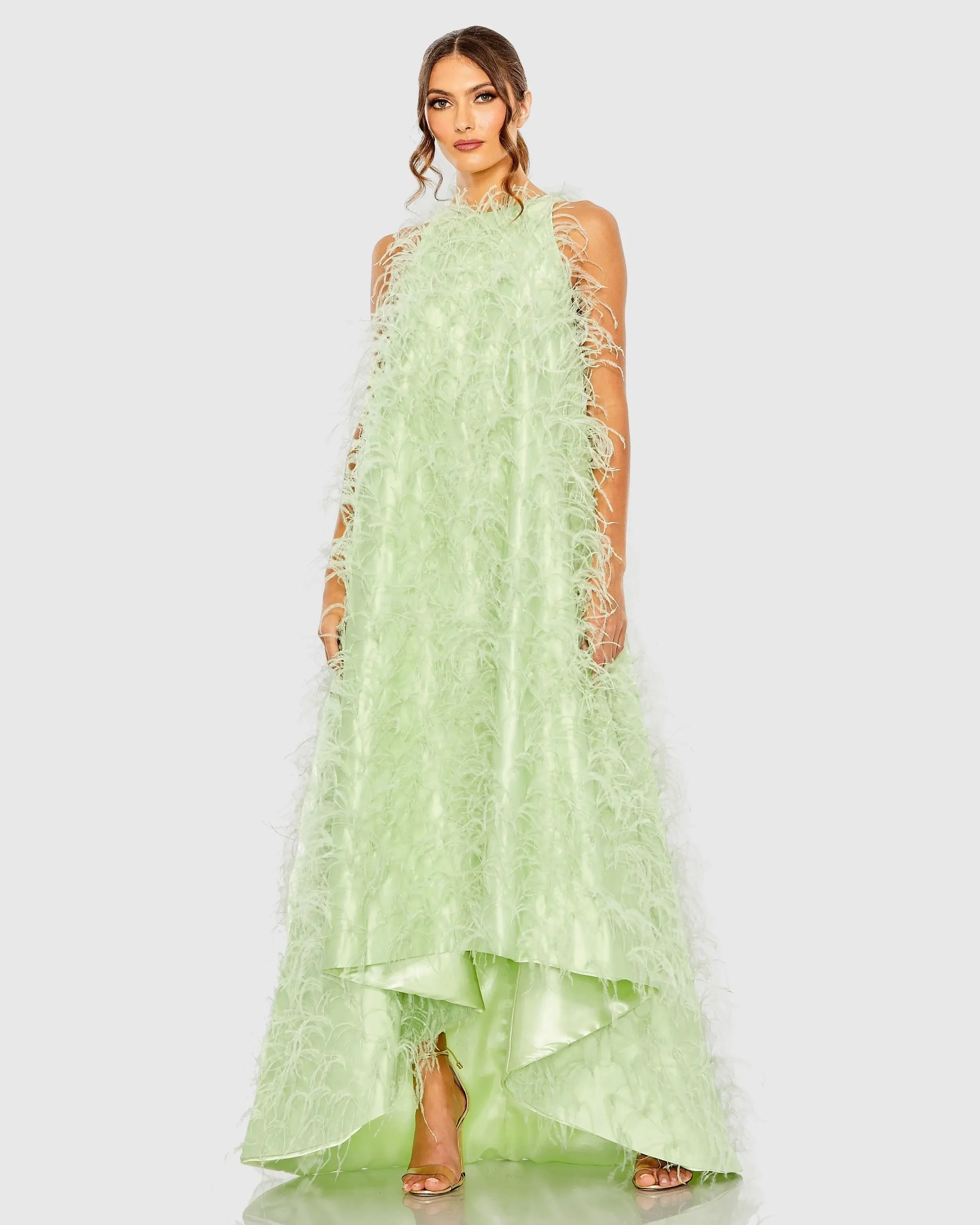 Green Sleeveless Feather Embellished Trapeze Gown