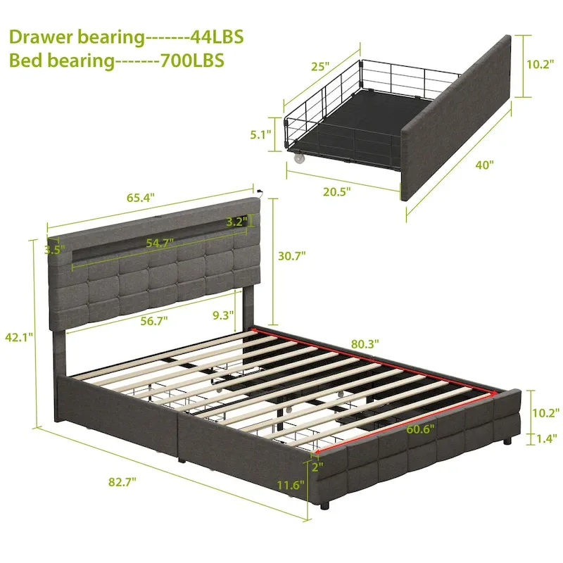 60.6 Queen Bed Frame with Drawers LED Bed Frame USB Charging Station