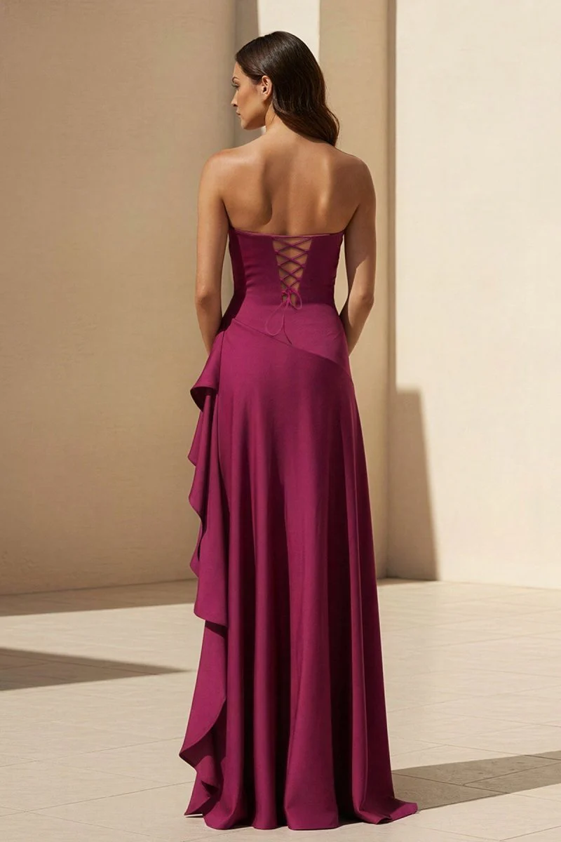 Magenta Strapless A Line High Low Formal Prom Dresses With Ruffles