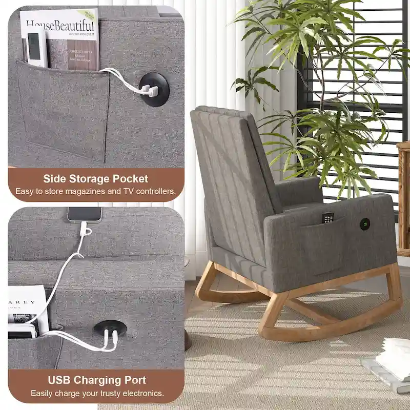 Gray Teddy Velvet Adjustable Rocking Chair with Footrest