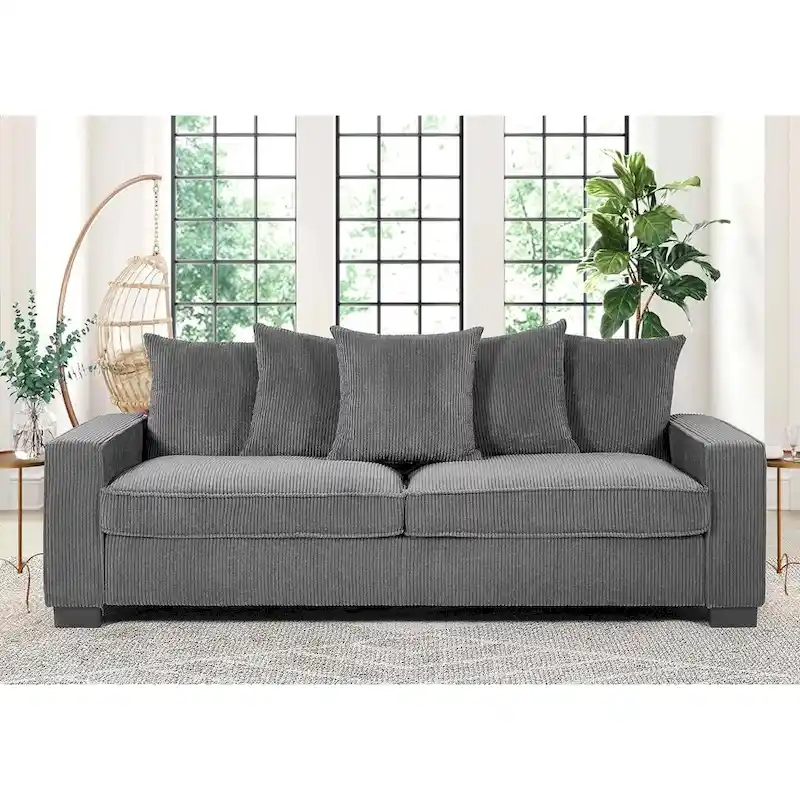 3-Seat Corduroy Sofa with 5 Toss Pillows – Large Streamlined Design
