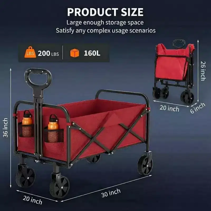 Acekool Collapsible Utility Wagon with 360 Rotating Wheels, 220lbs Load, Adjustable Handle, Beach, Camping, Garden, 73x46.5x89.5cm, Black