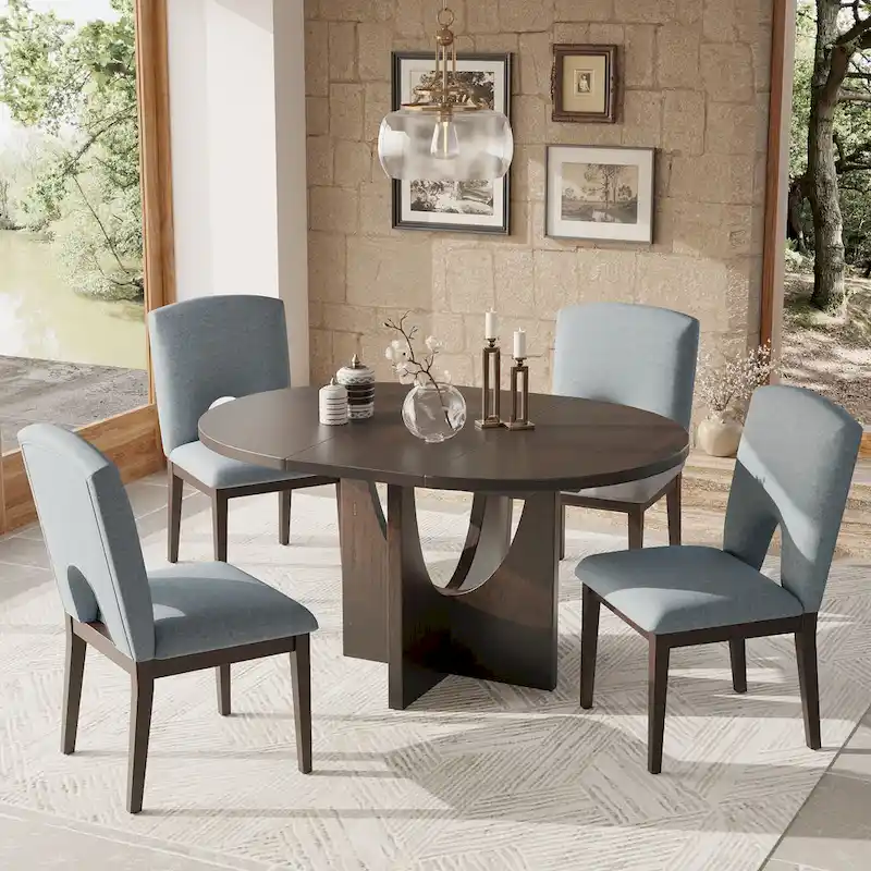 Modern Style 5-Piece Extendable Round Dining Table Set with Removable Leaf and Upholstered Dining Chairs