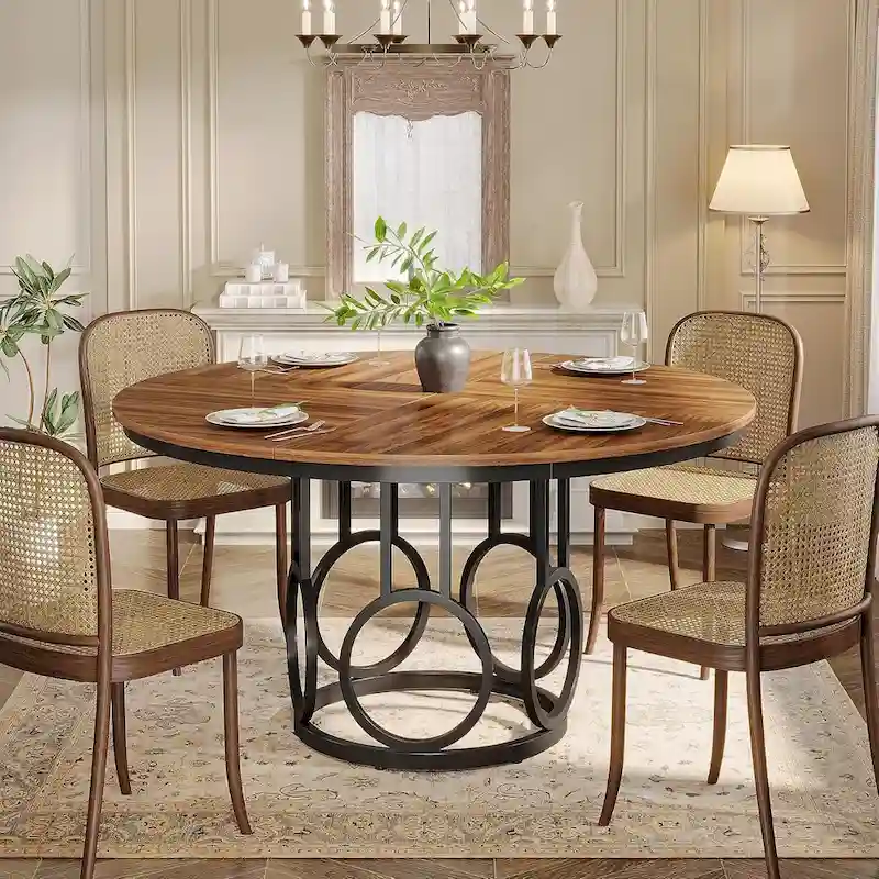 Dark Walnut and Black Metal Round Dining Table 47-inch