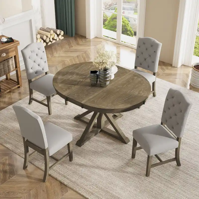 Dining Table Set with Extendable Table and 4 Upholstered Chairs