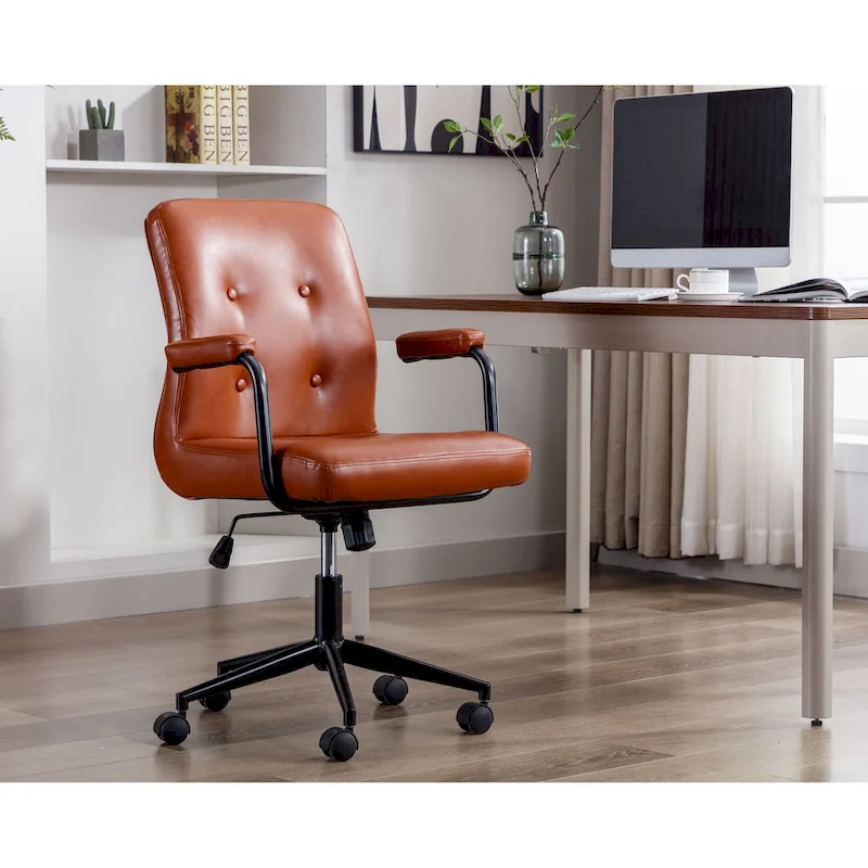 Brown / White / Black Button-Tufted PU Leather Office Chair with Steel Base & Central Tilt – 1-Person