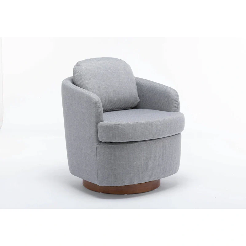 Light Blue Linen Upholstered Swivel Accent Chair with Round Wood Base – Modern Style, Seats 1