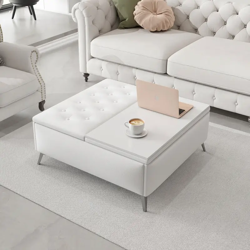 White Square Lift-Top Storage Ottoman Coffee Table, Upholstered, Seats 2