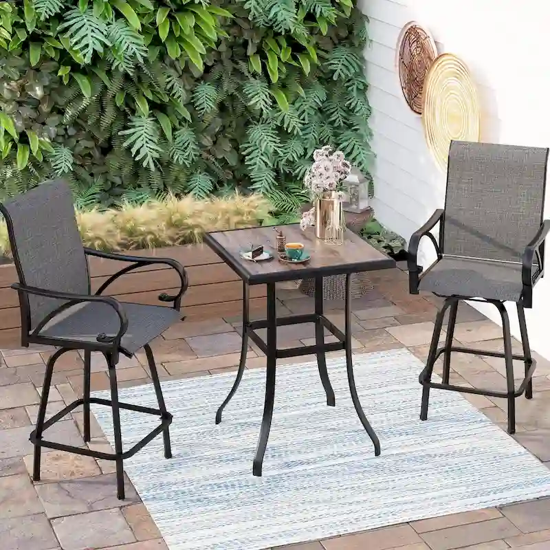 3/5-Piece Patio Bar Stool Set Wood-look Table & Grey Textilene Sling Fabric Swivel Bar Stools