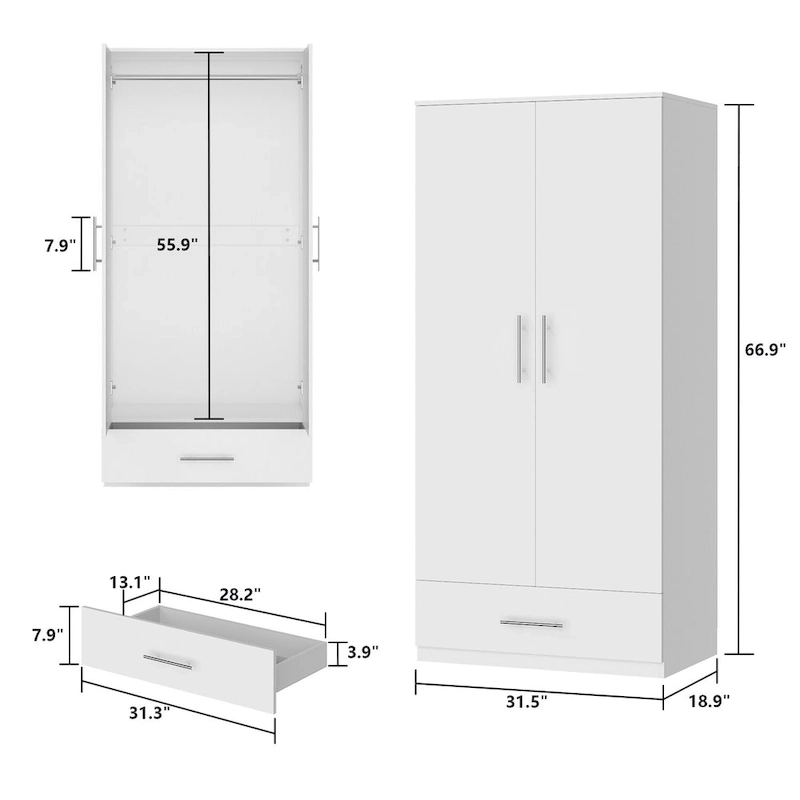 31.5 W x 66.9 H Wardrobe Armoire Cloest with Drawer In Black,White