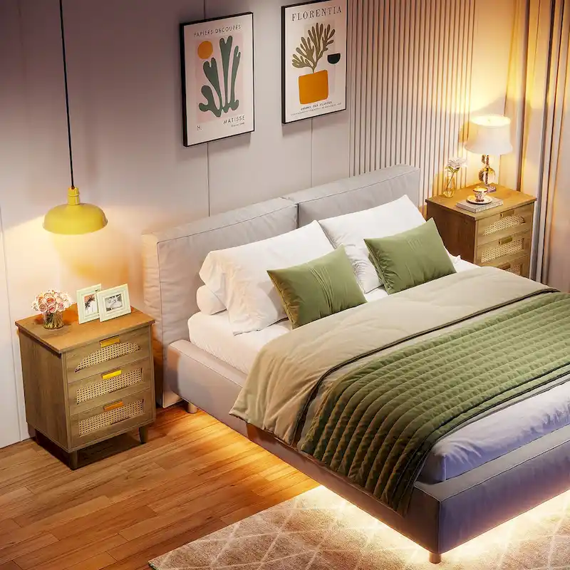 Wood and Rattan 3-Drawer Nightstand with Metal Handles