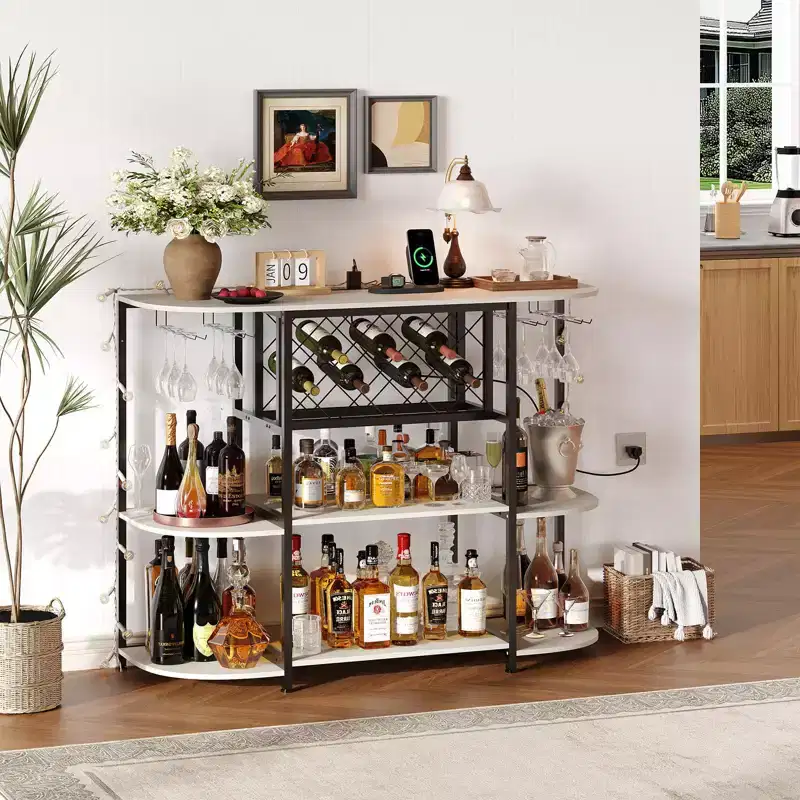 Home Bar Cabinet for Liquor,Bar Cart with Power Outlet, Metal Mini Bar Table with 4-Tier Storage, Wine Racks with Glass Holder Mini Bars for Home