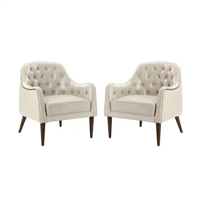 Set of 2 Justo 28.5 Wide Tufted Genuine Leather Wood Legs Accent Barrel Chair for Living Room with solid wood legs| ART OF LIVING DESIGNS