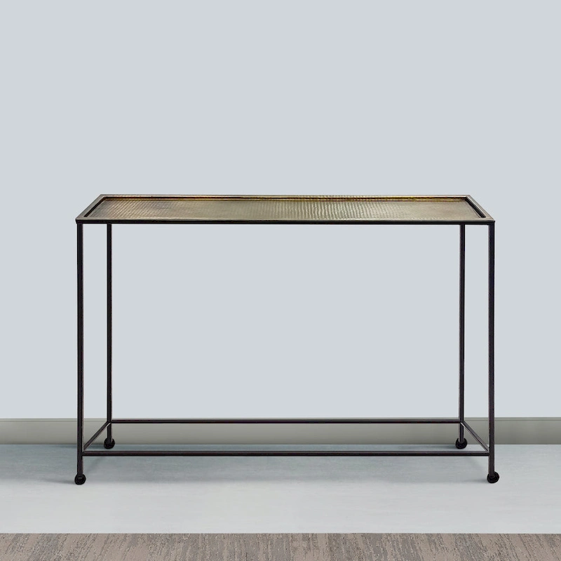 Aurelia 48 Inch Console Sofa Table, Artisanal Hammered Antique Bronze Tray Top, Industrial Black Iron Frame