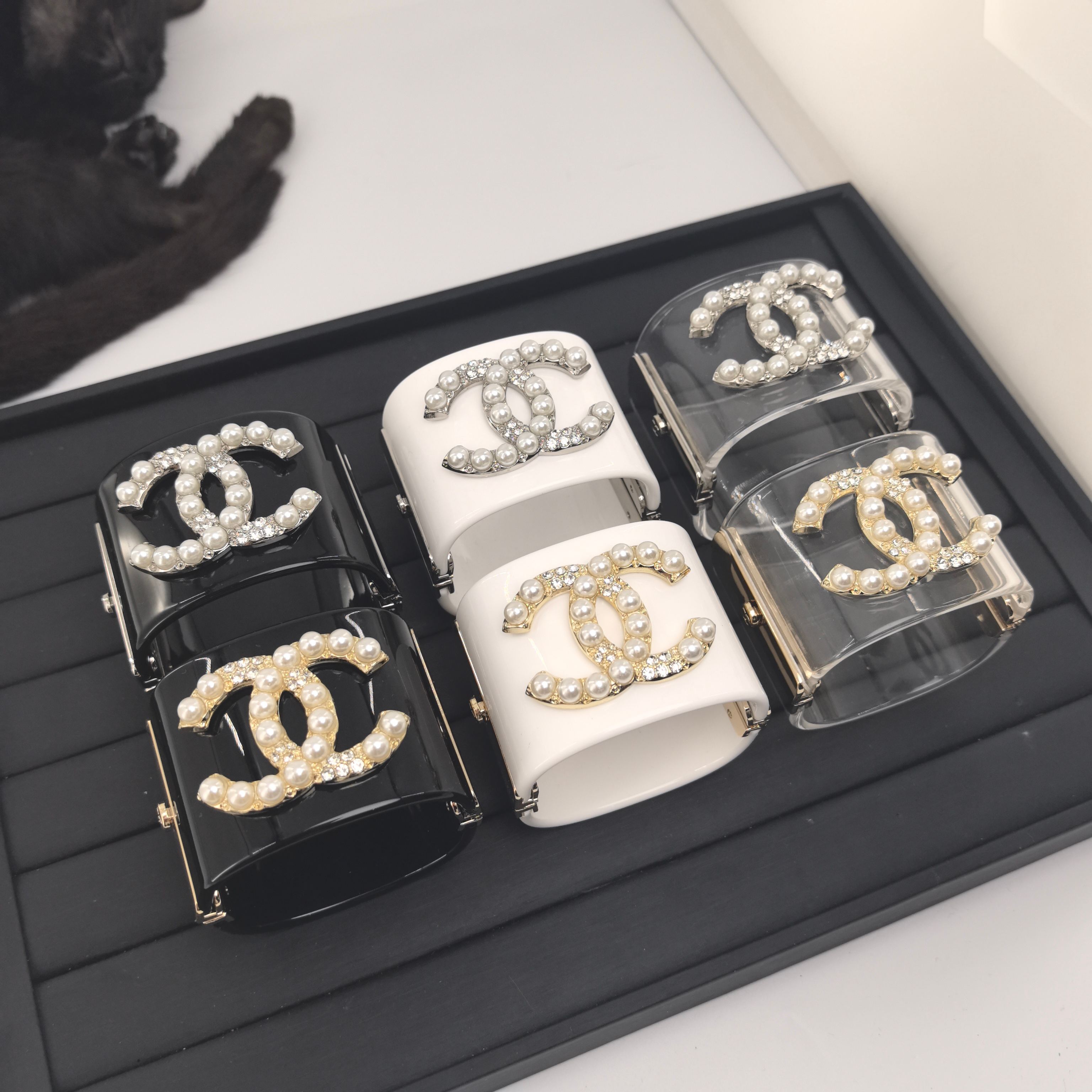 CCS101 CC wide acrylic with crystal and pearl cc logo cuff bracelet - ccjewelryacc