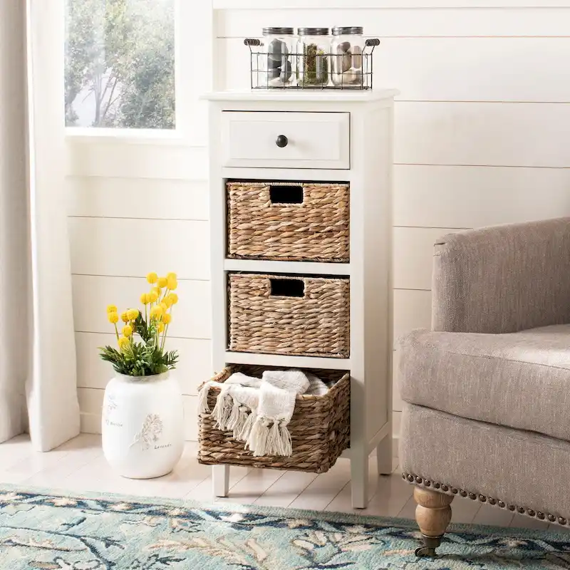Distressed Side Table with 3 Woven Basket Drawers – 5 Colors – 1 Person