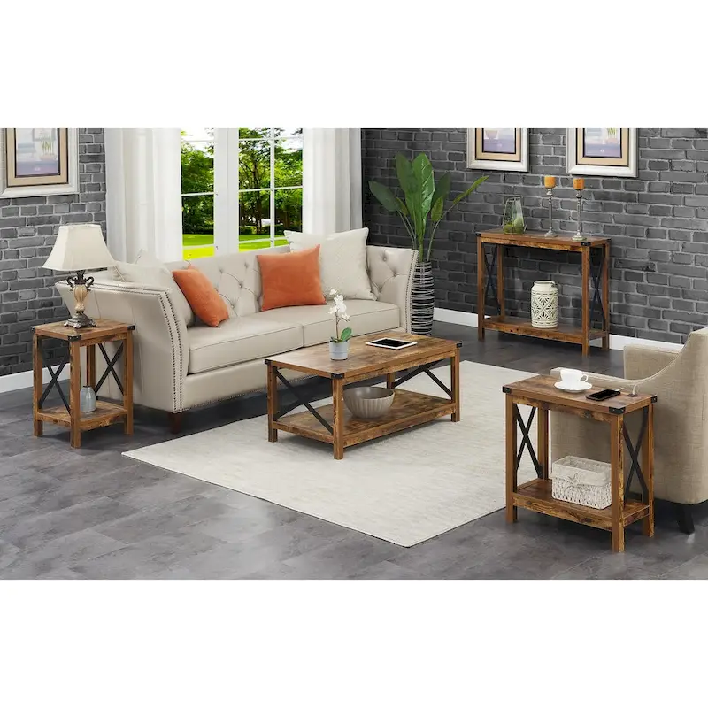 Chairside End Table, 2 USB Charging Ports, Bottom Shelf, Particleboard & Metal Frame, Barnwood / English Oak with Black, 1-Person Use