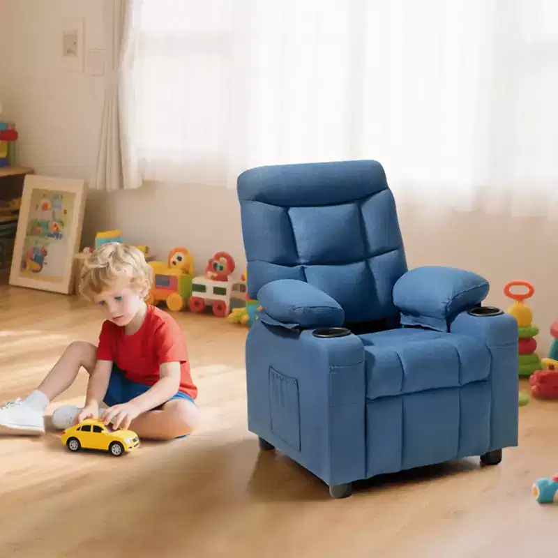 VEVOR Kids Recliner Chair, with Cup Holders & Pockets, 107 to 126 Adjustable Back, Polyester Upholstery Reclining Sofa with Foot-rest, Blue