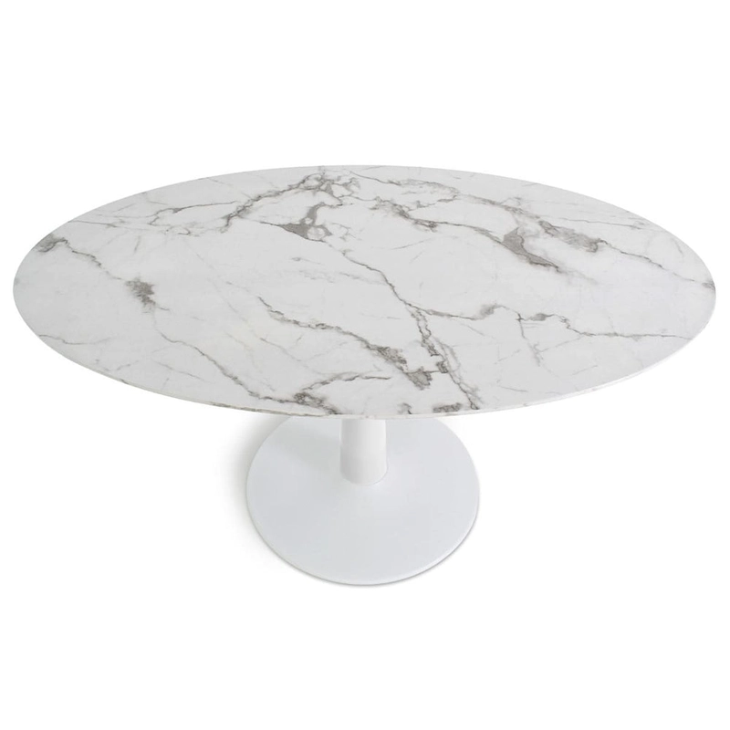 Oval White Faux Marble Topped Pedestal Dining Table