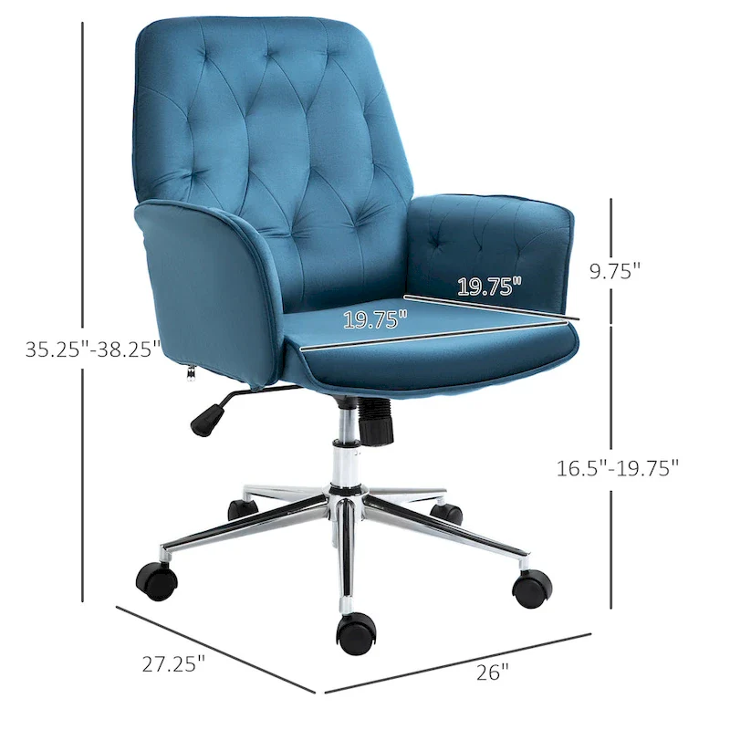 Blue Velvet Mid-Back Office Chair with Arms, Swivel & Adjustable Height