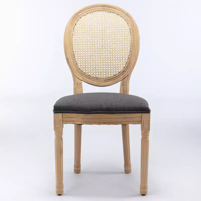 Set of 2 French Style Dining Chairs Upholstered Chairs Accent Chairs Armless Chairs with Rattan Back/Upholstered Back, Natural+Beige/Gray-ModernLuxe