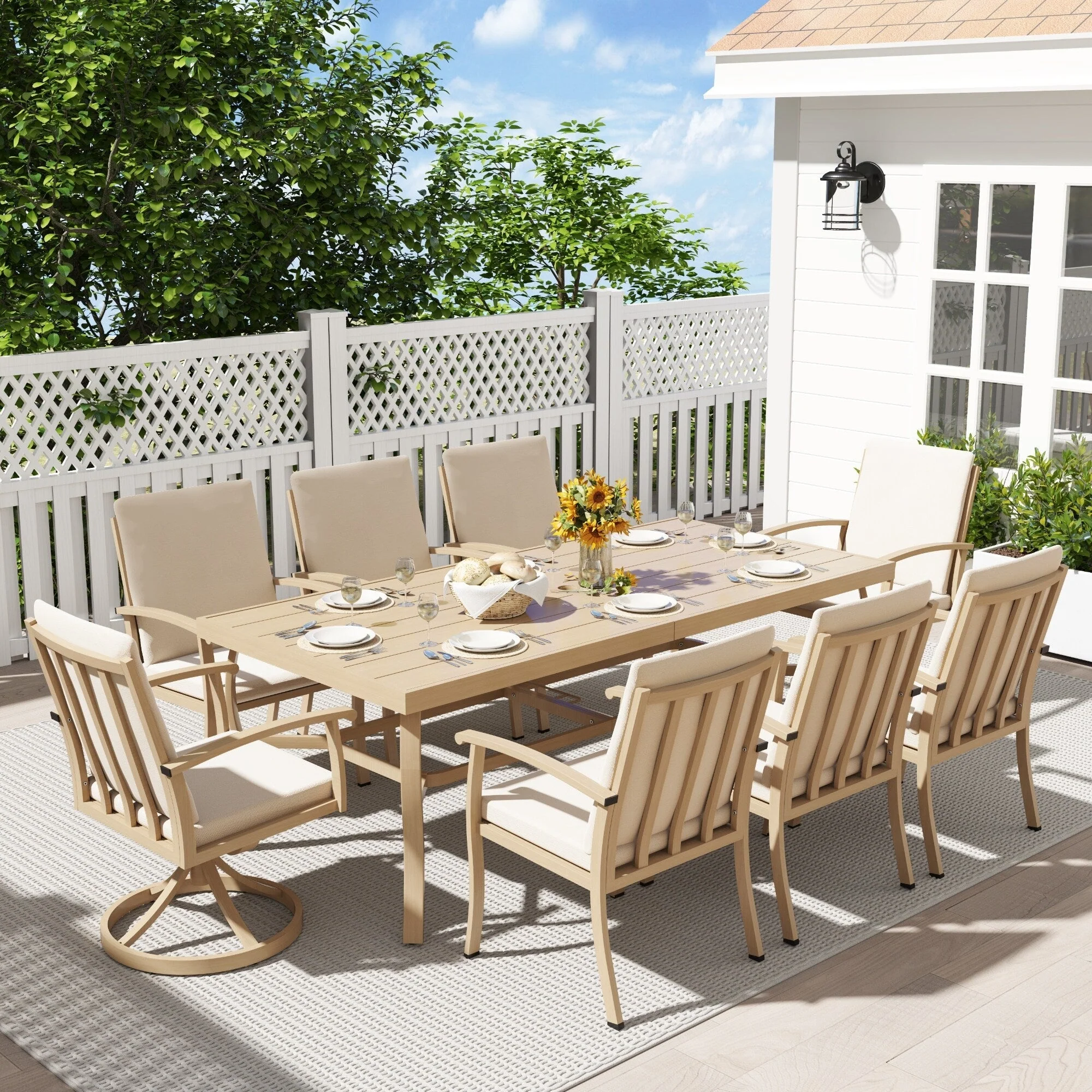 EGEIROS LIFE AluLux 9-Piece Aluminum Patio Dining Set with 2 Swivel Dining Chairs, 6 Dining Chairs and Washable Cushions
