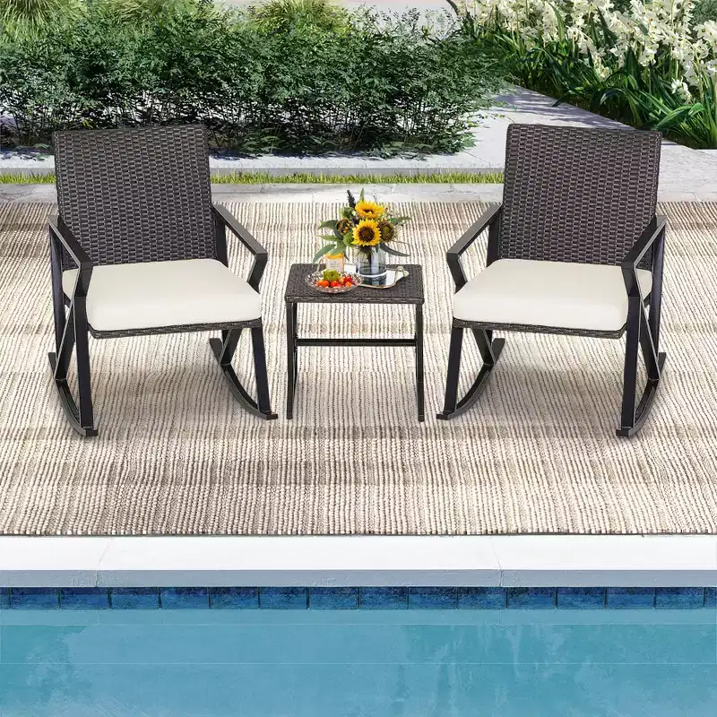 Costway 3PCS Patio Rattan Wicker Rocking Chairs Table Bistro Set Cushioned Rocker Garden