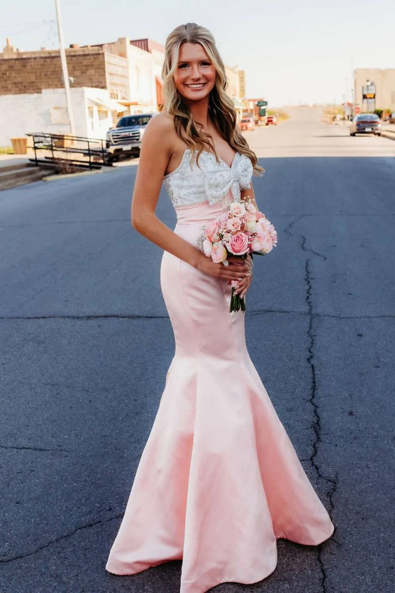 Pink Mermaid Satin Strapless Long Prom Dresses with Beaded Bow