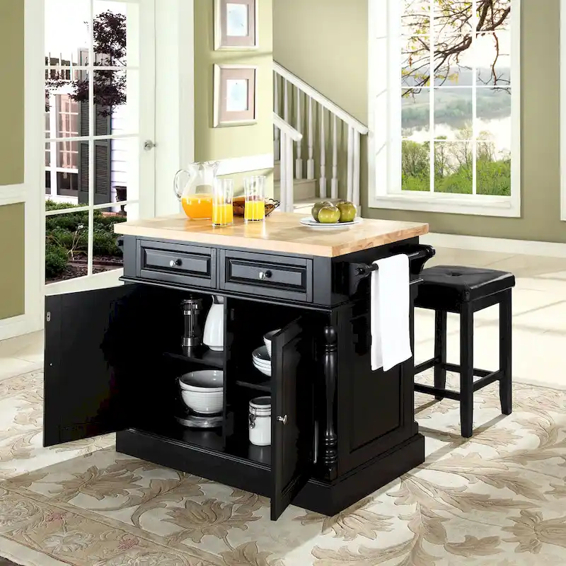 Oxford Butcher Block Top Kitchen Island in Black Finish with Stools - 47.75 W x 23 D x 35.75 H