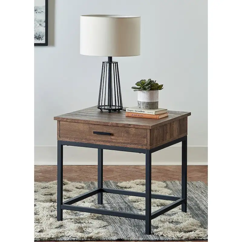 1-Drawer Wood End Table – Brown Oak Top with Sandy Black Metal Base