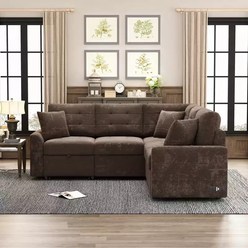 82.6W L-Shape Sofa Bed with Wheels, Pull-out Sleeper Sofa with USB Ports and Power Sockets - ModernLuxe