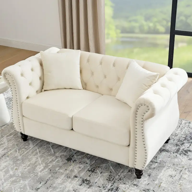 Velvet Chesterfield Loveseat Sofa, Rolled Arms, Nailhead Trim