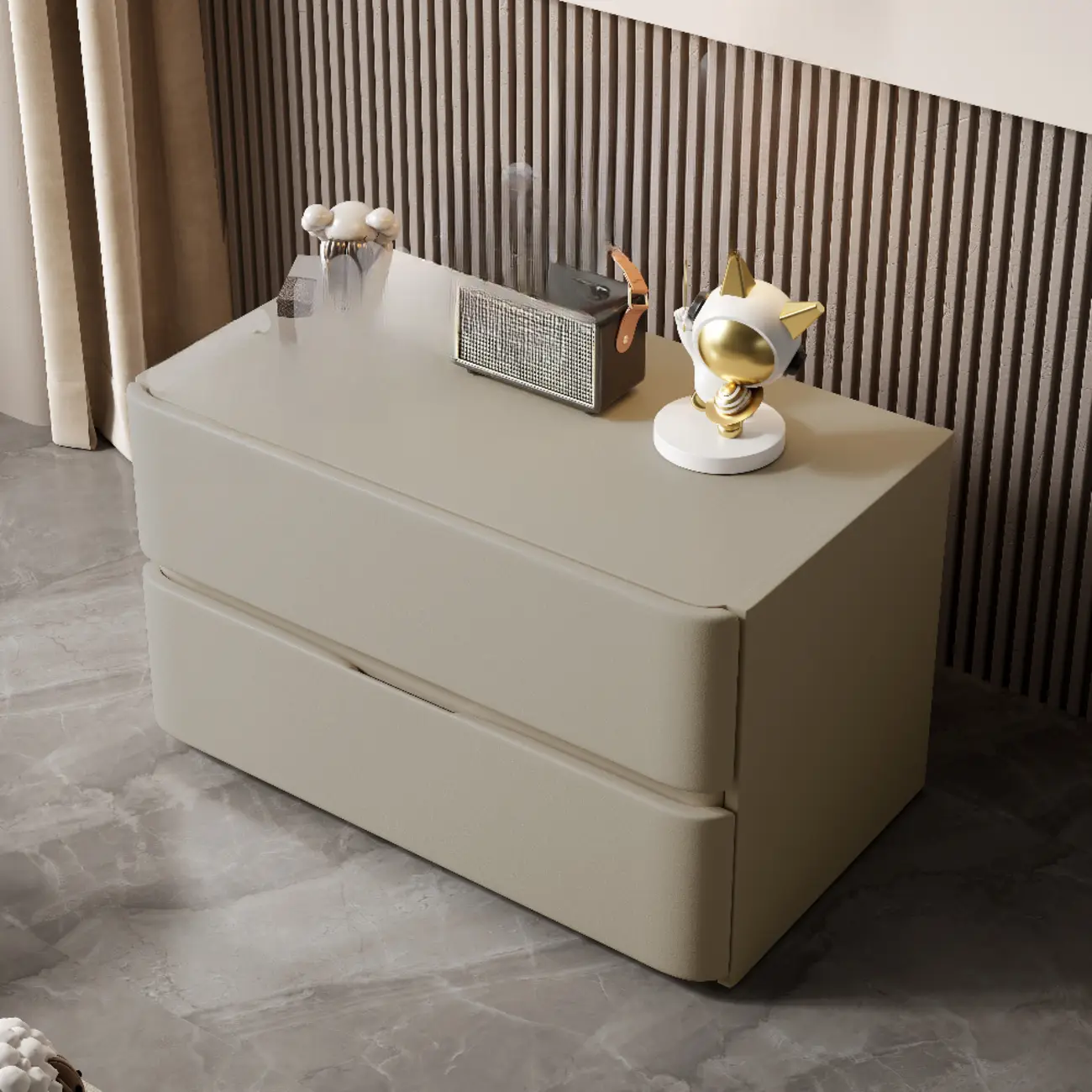 Modern Stone Top Wooden White Bedside Table 2 Drawers