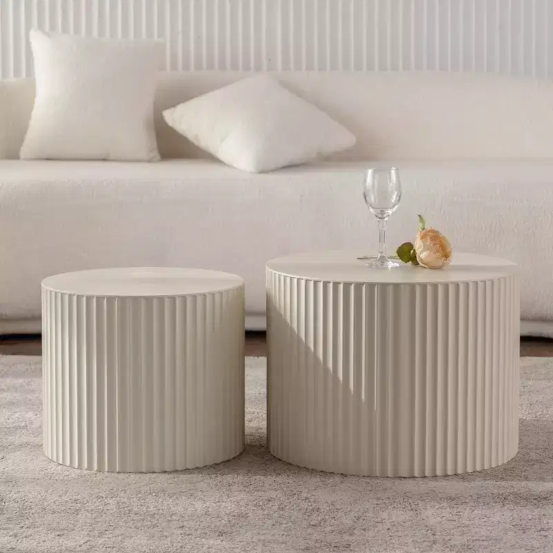 Round Wood Coffee Table with Handcrafted Relief Design for Small Spaces, No Assembly Required