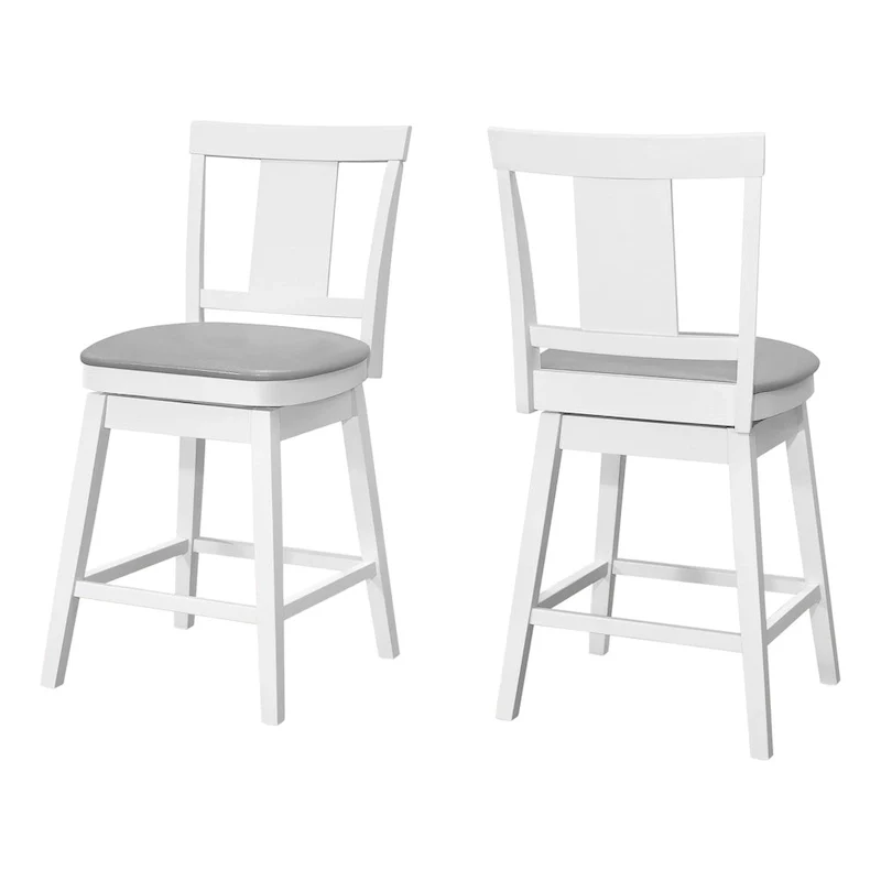 Set of 2 Counter Height Swivel Bar Chairs with Full Back, Grey Faux Leather, White Wood Base