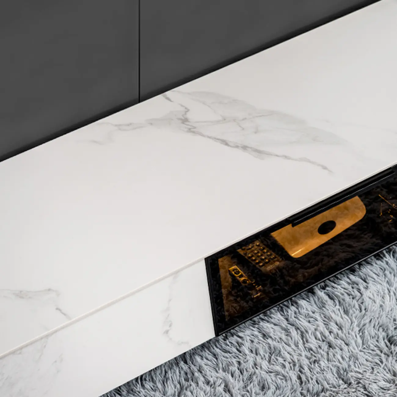 Black Modern Stone Rectangle Drawers TV Stand with LED Lights