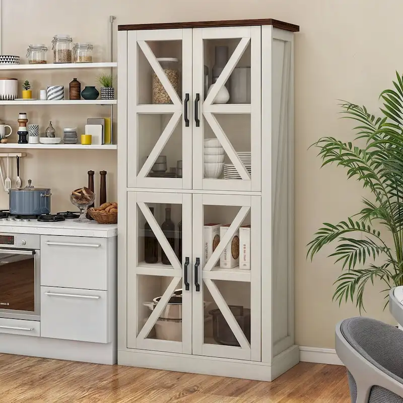 66-Inch Freestanding Kitchen Pantry Cabinet with Glass Doors