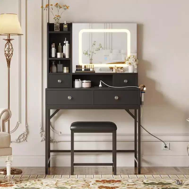 Vanity Desk and Stool with Mirror and LightsMakeup Vanity with Charging Station, Drawers, Storage Shelves for Bedroom