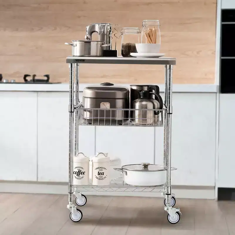 VEVOR Kitchen Utility Cart, 3 Tiers, Wire Rolling Cart with 470LBS Capacity, Steel Service Cart on Wheels, Metal Storage Trolley, Silver