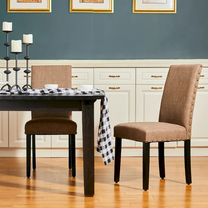 High Back Linen Fabric Dining Chairs with Nailhead Trim – Grey / Cream White / Tan