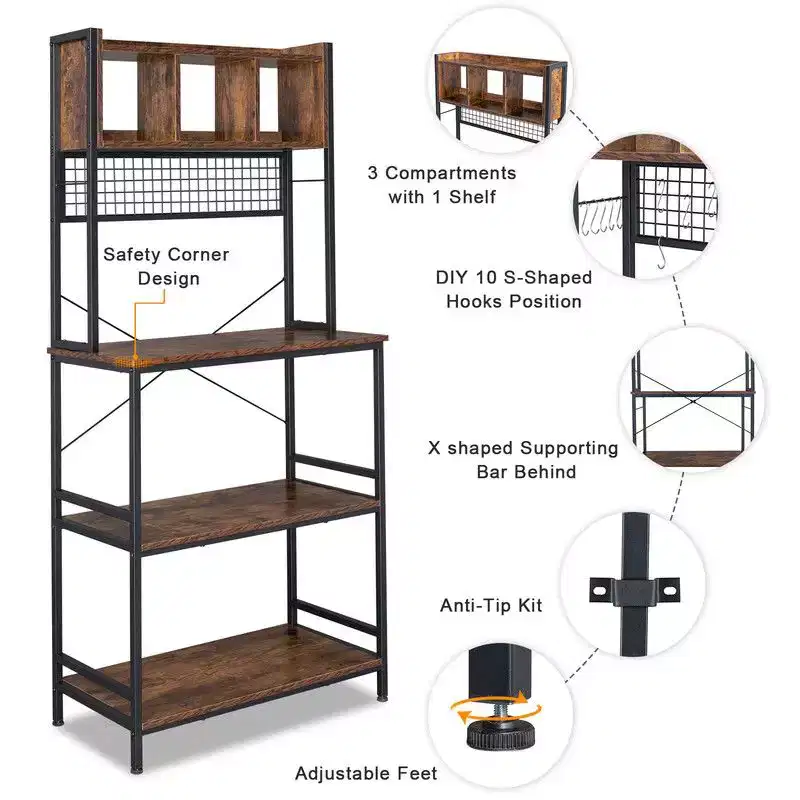 Karl Home 5-Tier Kitchen Bakers Rack with 10 S Hooks and 3 Cubes Rustic Brown