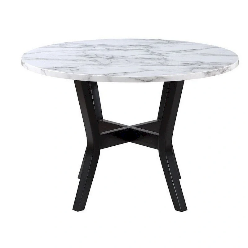 5 Piece Dining Table and Chairs Set, Black Wood, Fabric, Faux Stone Top