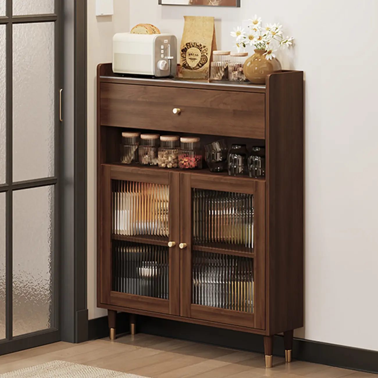 Modern Wood Buffet with Glass Doors and Shelves