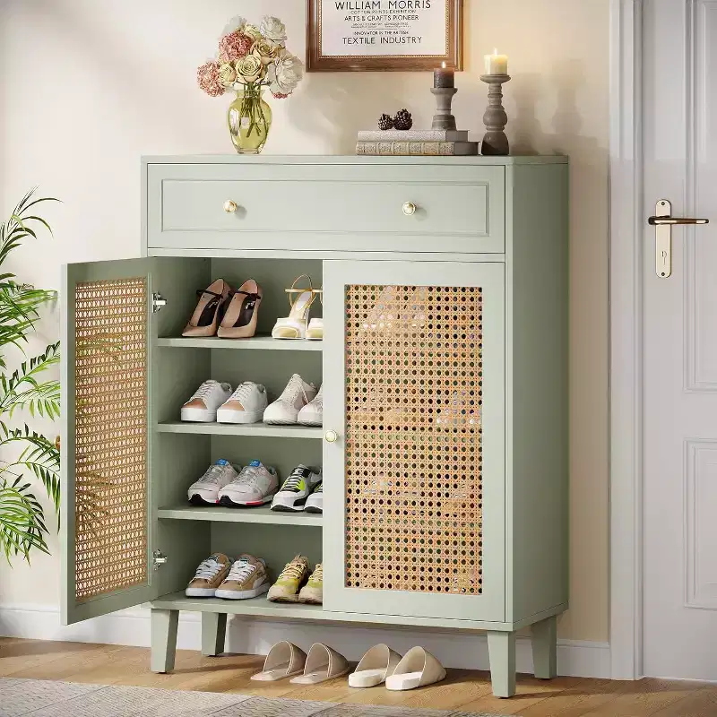 Lantine 6-Tier Modern Boho Shoe Cabinet with Doors, Drawer and Adjustable Shelf. Rattan design, mint green. Ideal for entryway, living room.