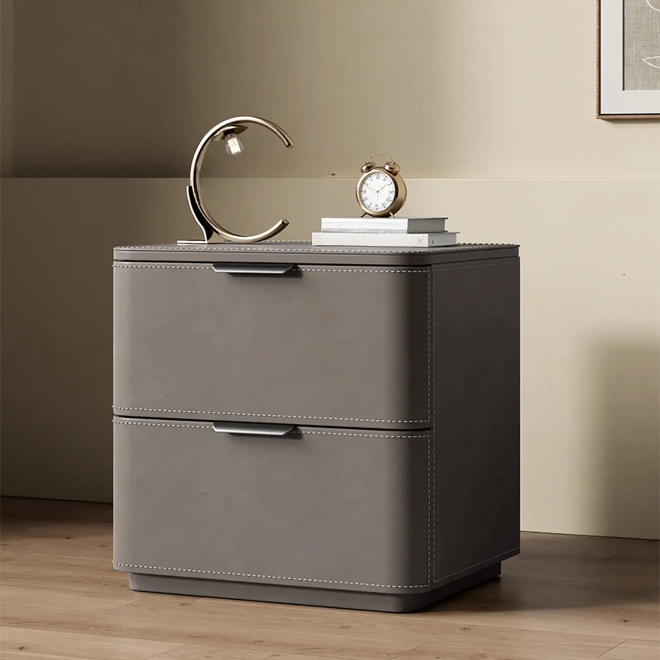Minimalist Narrow Cubic Leather Wood 2-Drawer Nightstand