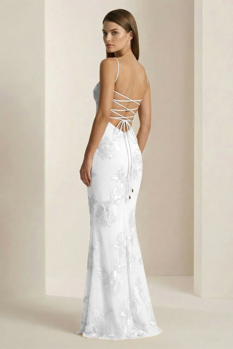 Yellow Spaghetti Straps Sheath Long Prom Dresses With Floral Embroidery